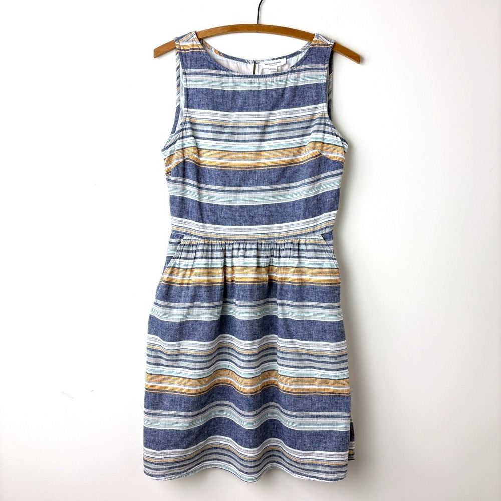 Beach Lunch Lounge Linen‎ Cotton Striped Dress XS Blue Coastal Cottage Pockets